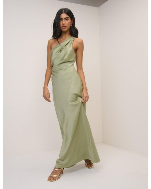 Nobody's Child Green Sage Satin One-Shoulder Sloane Maxi Dress