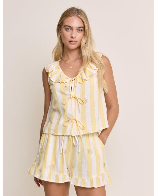 Nobody's Child Natural Striped Tie Front Linen-Blend Top