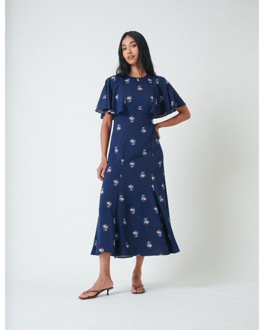 Nobody's Child Blue Floral Frill Sleeve Verona Midi Dress