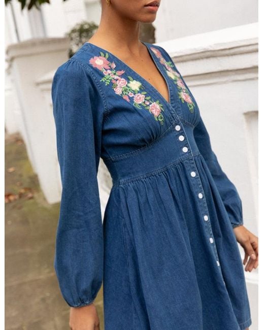 Nobody's Child Denim Embroidered Starlight Mini Dress in Blue