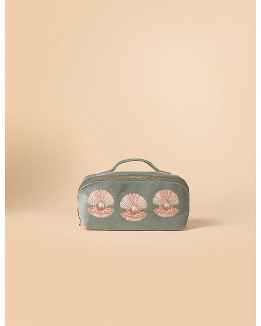 Nobody's Child Natural Elizabeth Scarlett Shell Embroidered Open Flat Make Up Bag