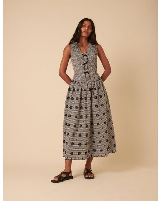 Nobody's Child Gray Gingham Embroidered Luisa Midi Dress