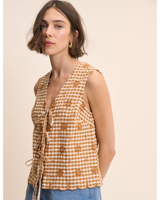 Nobody's Child Natural Gingham Floral Tie Front Tessa Top
