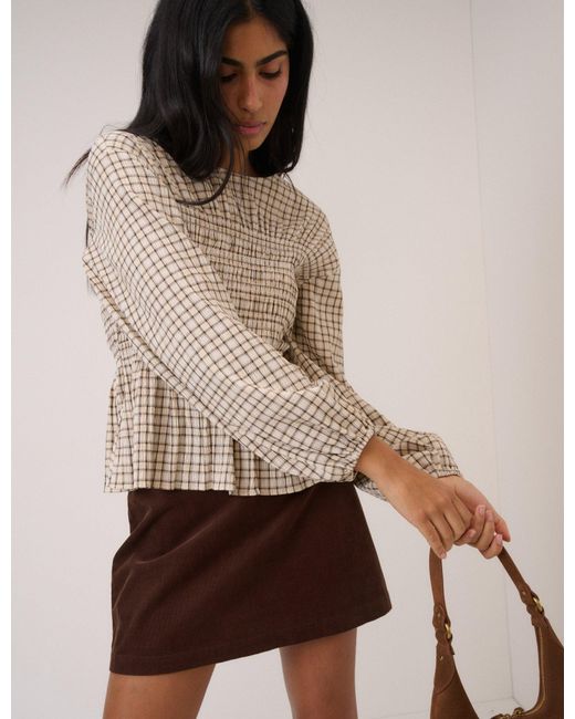 Nobody's Child Brown Check Balloon Sleeve Blouse