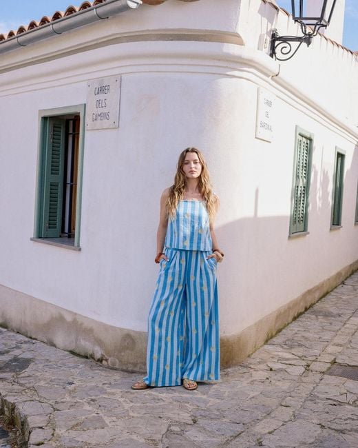 Nobody's Child Blue Striped Linen-Blend Wide Leg Trousers