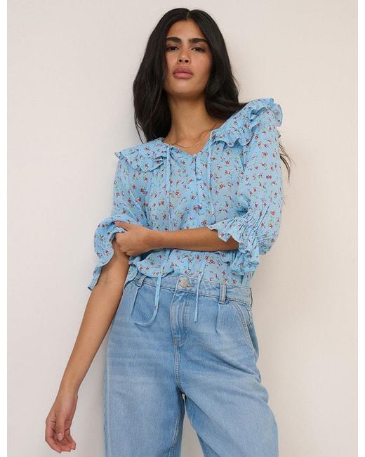 Nobody's Child Blue Floral Short Sleeve Blouse
