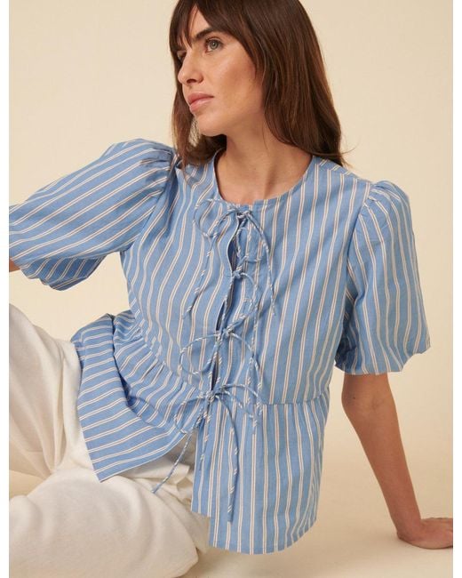 Nobody's Child Blue Striped Tie Front Blouse