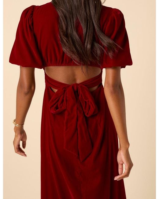 Nobody's Child Red Velvet Puff Sleeve Zoi Midi Dress
