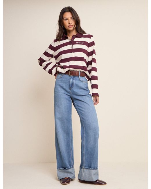 Nobody's Child Blue Burgundy Striped Long Sleeve Polo Top