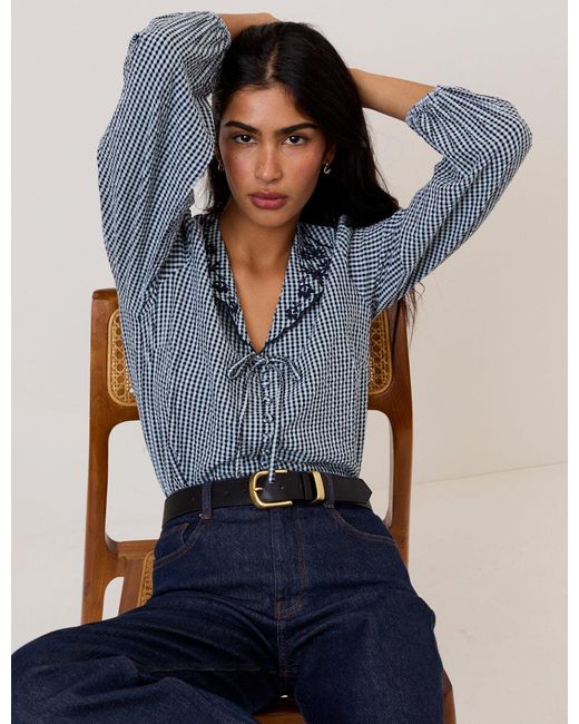 Nobody's Child Blue Gingham Embroidered Collared Blouse
