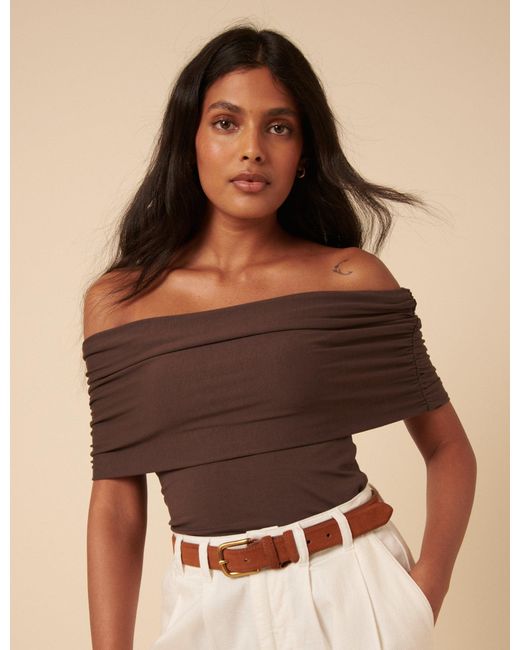 Nobody's Child Brown Off Shoulder Ruched Top