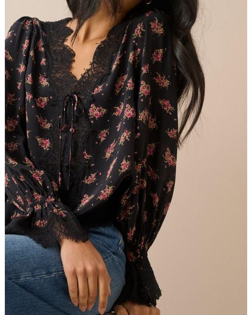 Nobody's Child Black Floral Lace Trim Satin Blouse