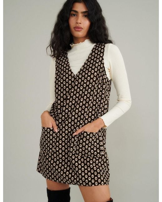 Nobody's Child Black Cord Printed Piper Mini Pinafore Dress