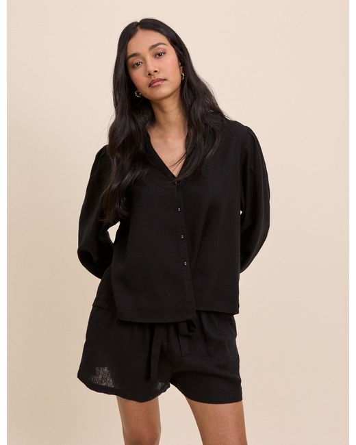 Nobody's Child Black Linen-Blend Blouse