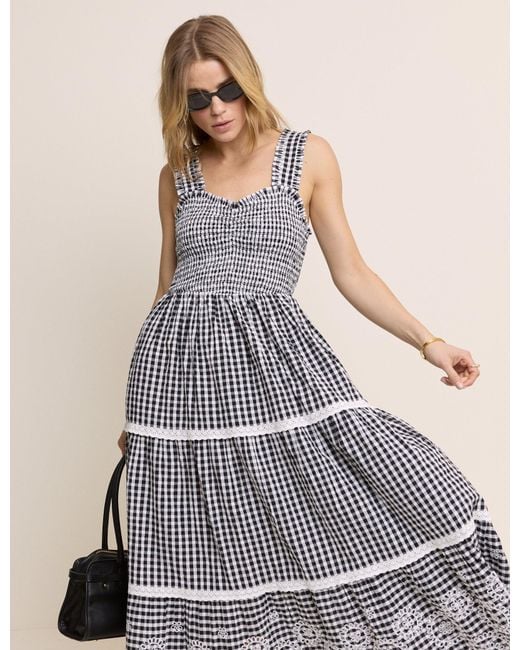 Nobody's Child Blue Gingham Shirred Tiered Darla Maxi Dress