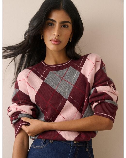 Nobody's Child Purple Argyle Oversized Wool-Blend Jumper