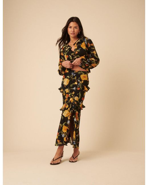 Nobody's Child Natural Floral Ruffle Midi Skirt