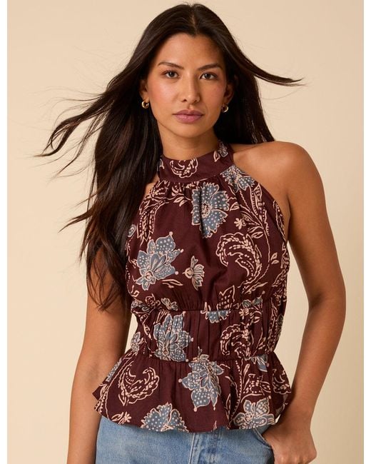 Nobody's Child Brown Burgundy Floral Halterneck Top