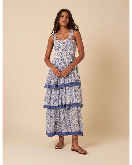Nobody's Child Blue Woodblock Printed Tiered Rowan Midi Dress
