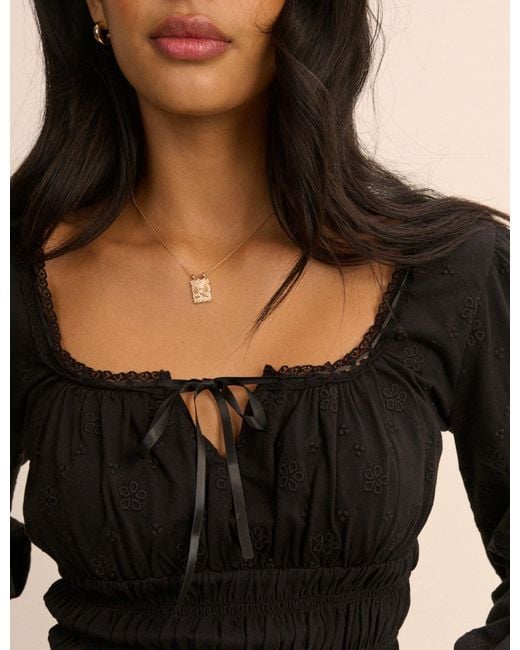 Nobody's Child Black Embroidered Long Sleeve Shirred Bodice Top