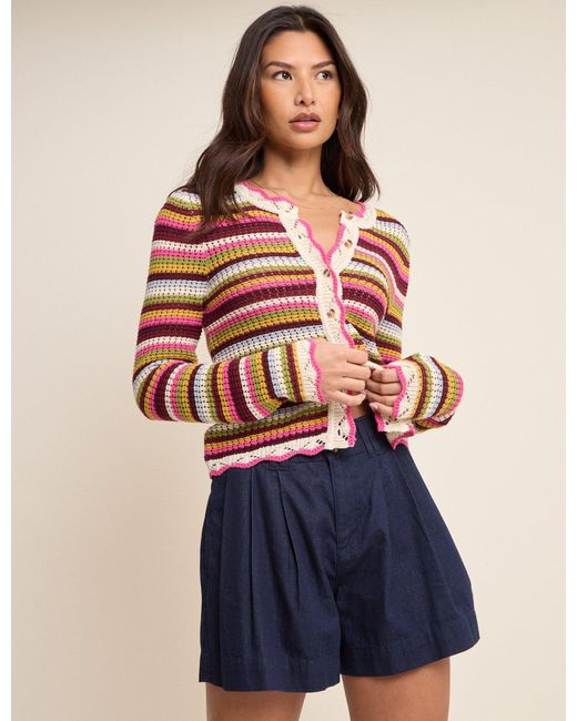Nobody's Child Blue Multi-Coloured Striped Scallop Crochet Cardigan