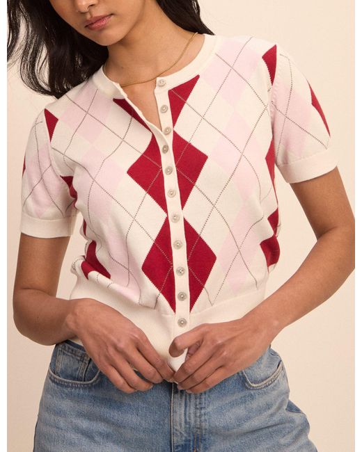 Nobody's Child Pink And Argyle Check Short Sleeve Cardigan