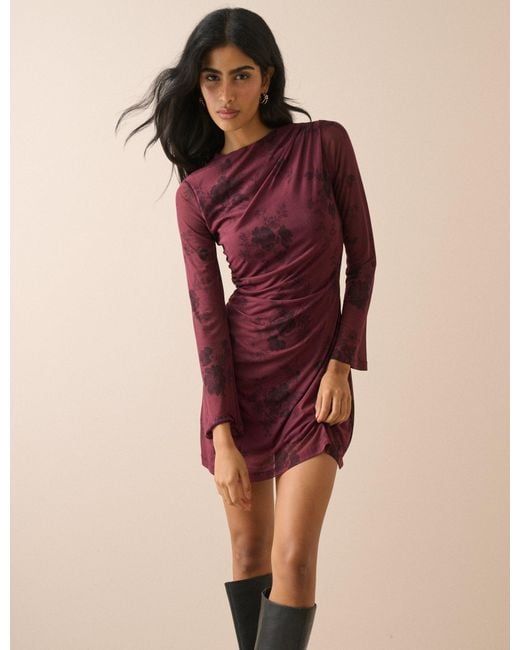 Nobody's Child Purple Burgundy Floral Long Sleeve Ruched Kiera Mini Dress