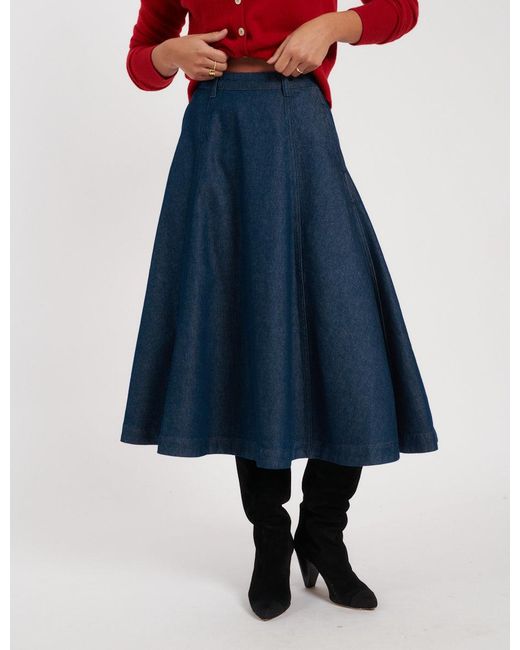 Nobody's Child Blue Dark Wash Denim A-Line Midi Skirt