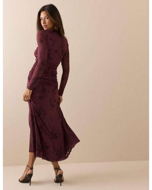 Nobody's Child Brown Burgundy Floral Long Sleeve Ruched Tammy Midi Dress