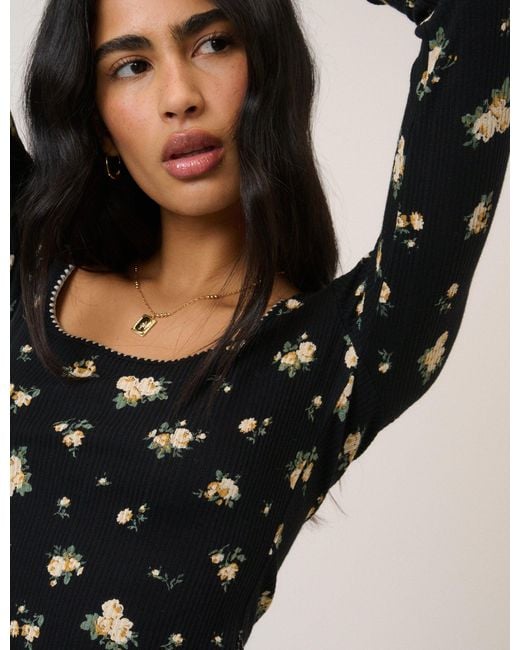 Nobody's Child Blue Floral Whipstitch Pointelle Scoop Neck Top