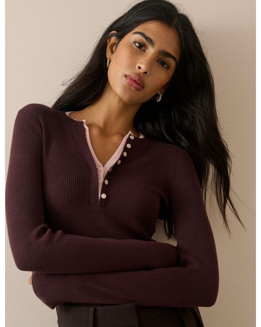 Nobody's Child Brown Double Layer Rib Henley Top