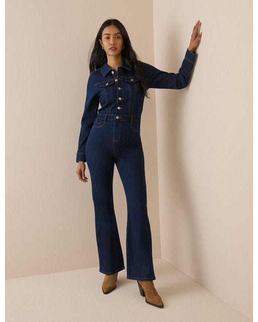 Nobody's Child Blue Dark Denim Flare Jumpsuit