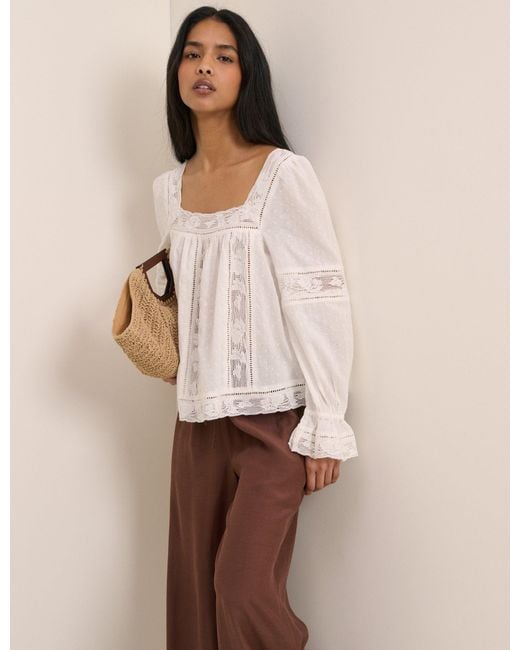 Nobody's Child Natural Lace Trim Long Sleeve Blouse
