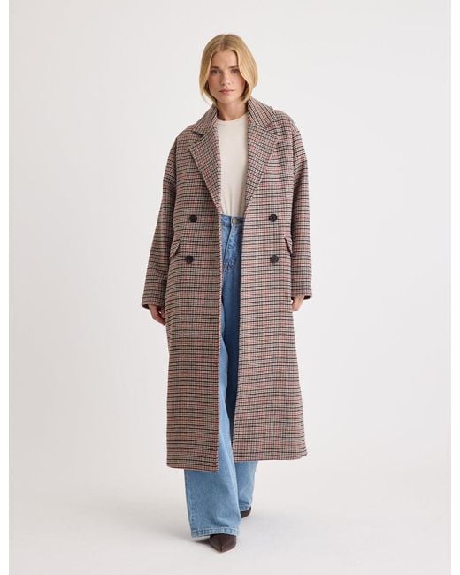 Nobody's Child Natural Oversized Heritage Check Double Breasted Wool Blend Coat