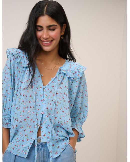 Nobody's Child Blue Floral Short Sleeve Blouse