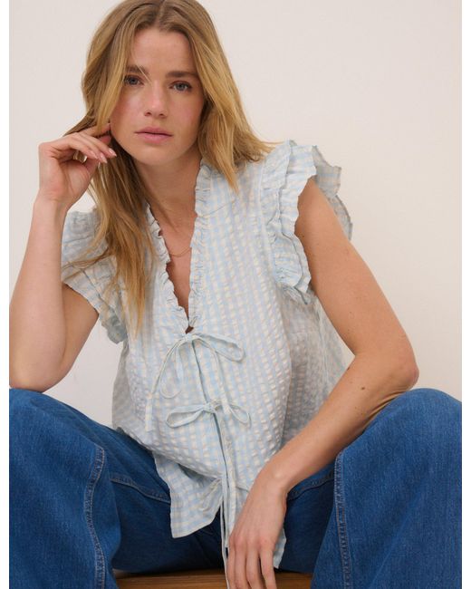 Nobody's Child Blue Gingham Tie Front Blouse