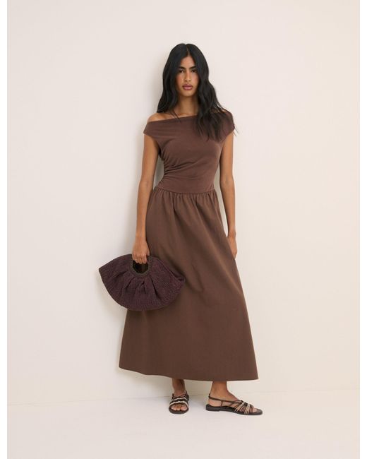 Nobody's Child Brown Draped Off Shoulder Beth Midi Dress