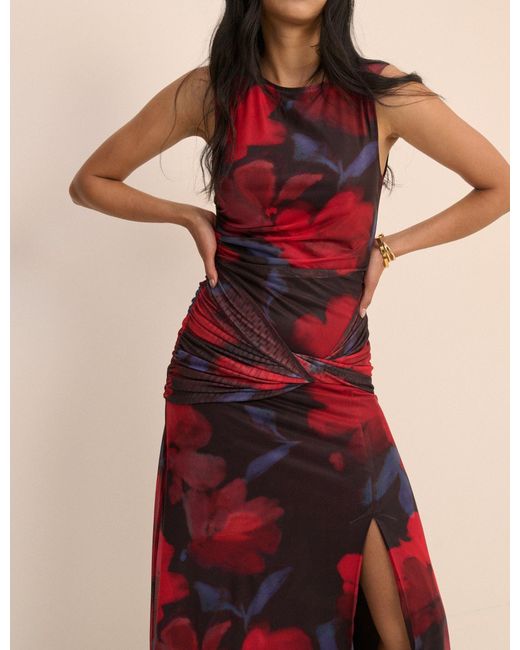 Nobody's Child Pink Floral Ruched Mesh Tammy Midi Dress