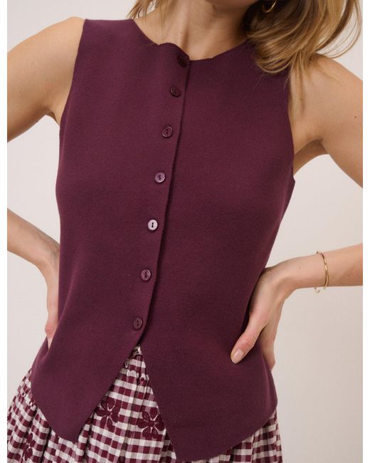 Nobody's Child Purple Burgundy Button Through Sleeveless Knitted Top