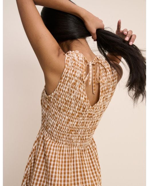 Nobody's Child Natural Gingham Shirred Audrey Midi Dress