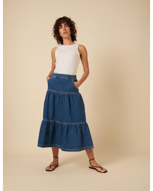Nobody's Child Blue Dark Denim Tiered Midi Skirt