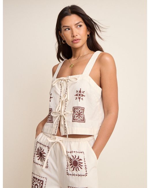Nobody's Child White Tile Print Tie Front Topaz Top
