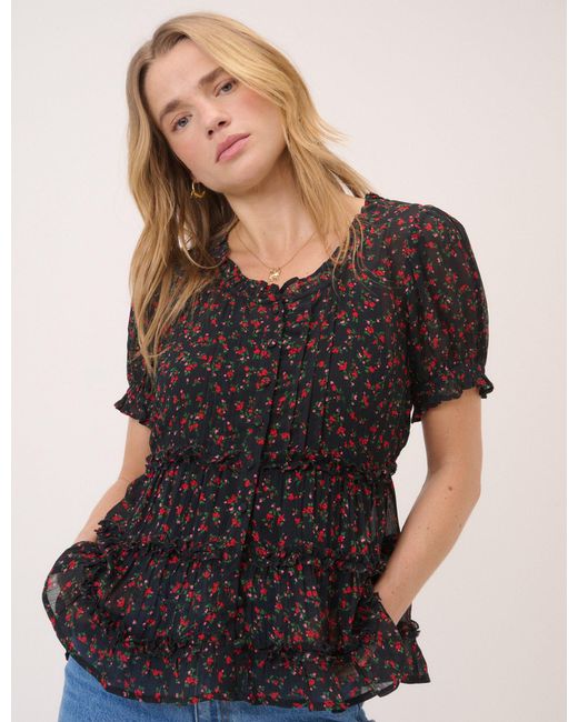 Nobody's Child Black Floral Scoop Neck Top