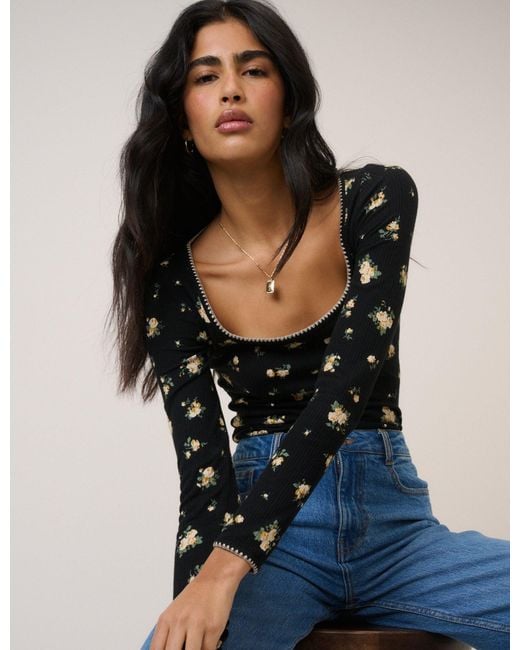Nobody's Child Blue Floral Whipstitch Pointelle Scoop Neck Top