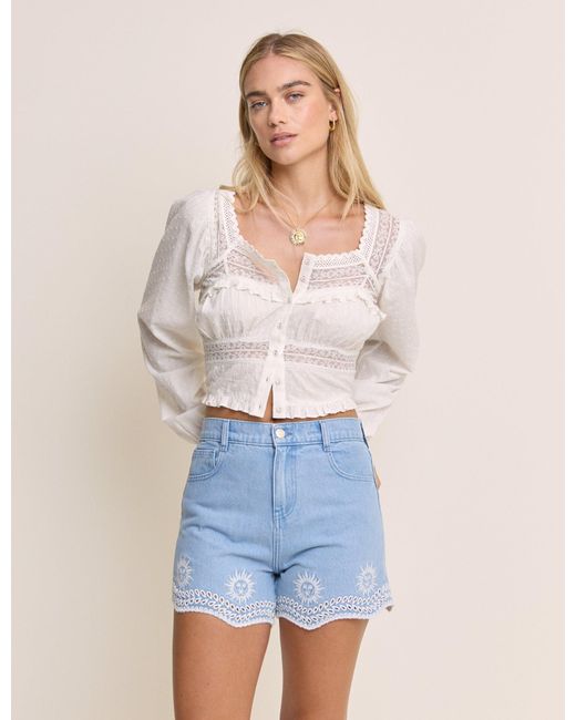Nobody's Child Blue Light Embroidered Scallop Denim Shorts