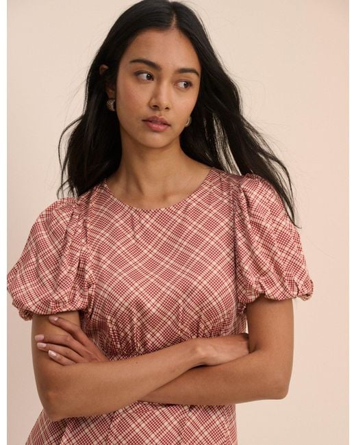 Nobody's Child Natural Check Puff Sleeve Quinn Midi Dress