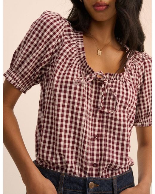 Nobody's Child Red Burgundy Gingham Puff Sleeve Lumi Blouse