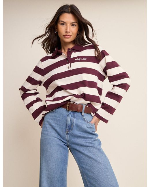 Nobody's Child Blue Burgundy Striped Long Sleeve Polo Top