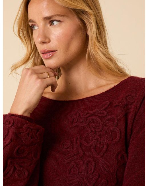 Nobody's Child Burgundy Floral Embroidered Knitted Long Sleeve Midi Dress