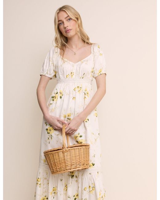 Nobody's Child Natural Floral Puff Sleeve Maryam Midi Dress